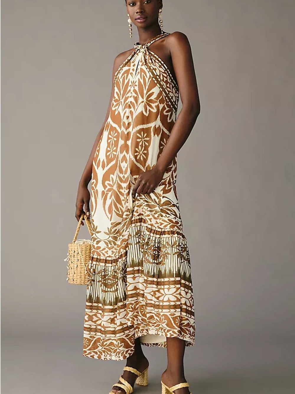 Anthropologie Vineet Bahl Knot-Neck Printed Maxi Halter Dress in Brown and Cream